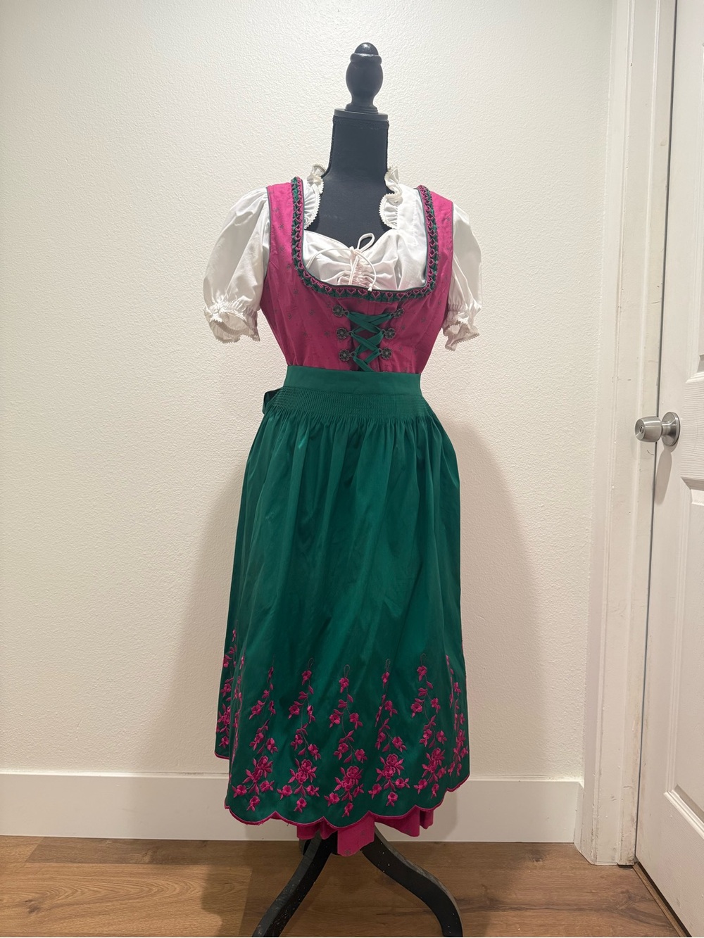 Traditional Pink and Green Midi Dirndl Dress with White Blouse